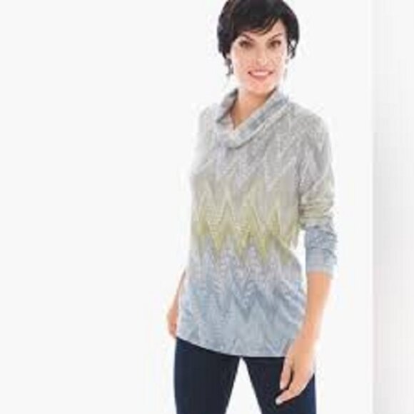 Chico’s Luxe Ombre chevron 3/4 sleeve cowl neck lightweight tunic, sz M (1) - Picture 1 of 8